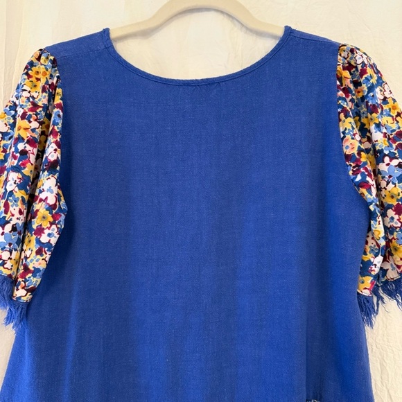 Hailey & Co Sz SM Blue Floral Linen Rayon Peplum Top Oversized Fit Boho Artsy - Picture 4 of 11